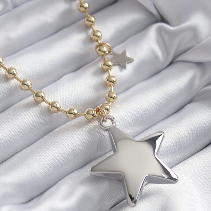 Pirinç Gold Renk Topçuk Zincir Gümüş 3D Yıldız Model Yıldız Detay VİP Kadın Kolye