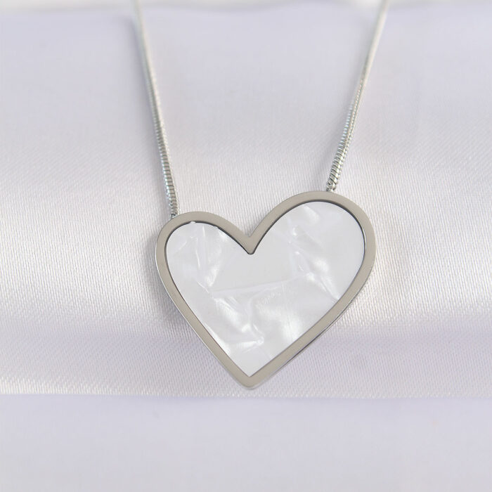 316L Çelik Zincir Gümüş Renk Mermer Desenli Kalp Kolye