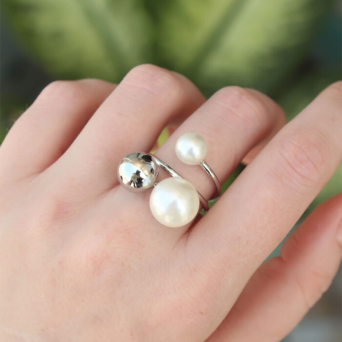 Pirinç Gümüş Renk Ayarlanabilir İnci Taşlı Yüzük