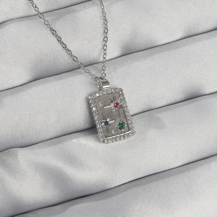 316L Çelik Zincir Gümüş Renk Renkli Zirkon Taşlı Vintage Kolye