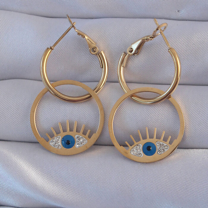 316L Çelik Gold Renk Zirkon Taşlı Mavi Göz Tasarımlı Halka Küpe