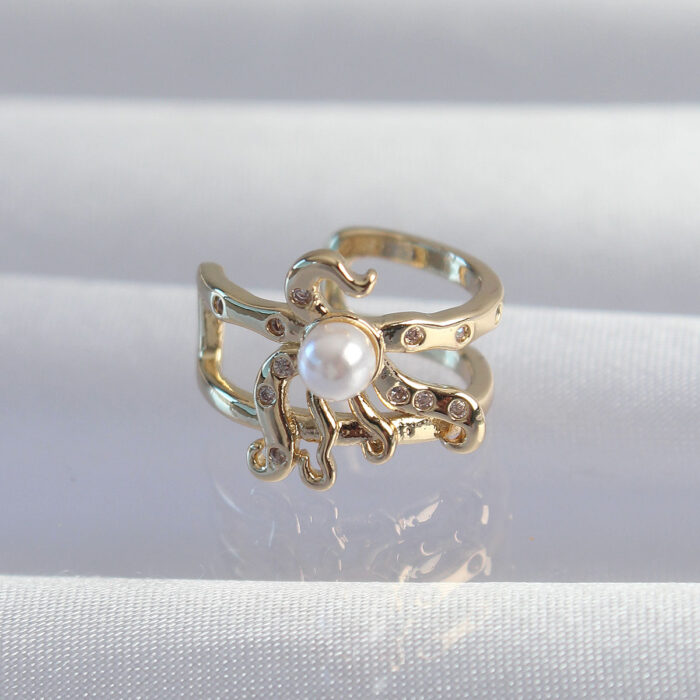 Pirinç Gold Renk İncili Ahtapot Earcuff Küpe