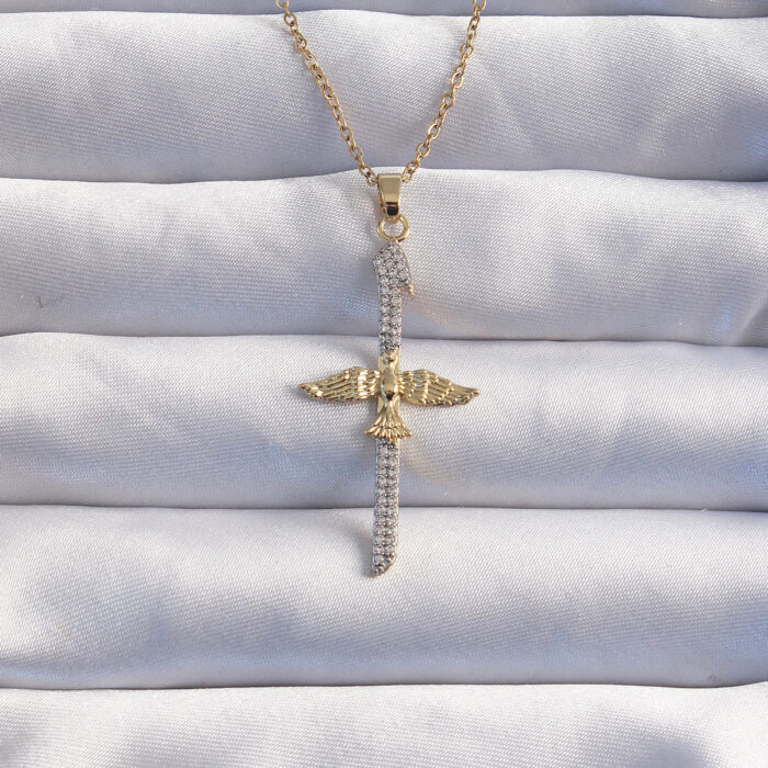 316L Çelik Zincir Gold Renkli Zirkon Taşlı Anka Kuşu Kolye