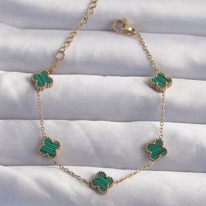 316L Çelik Baby Boy Gold Renk Çizgili Yeşil Mineli Yonca Bileklik