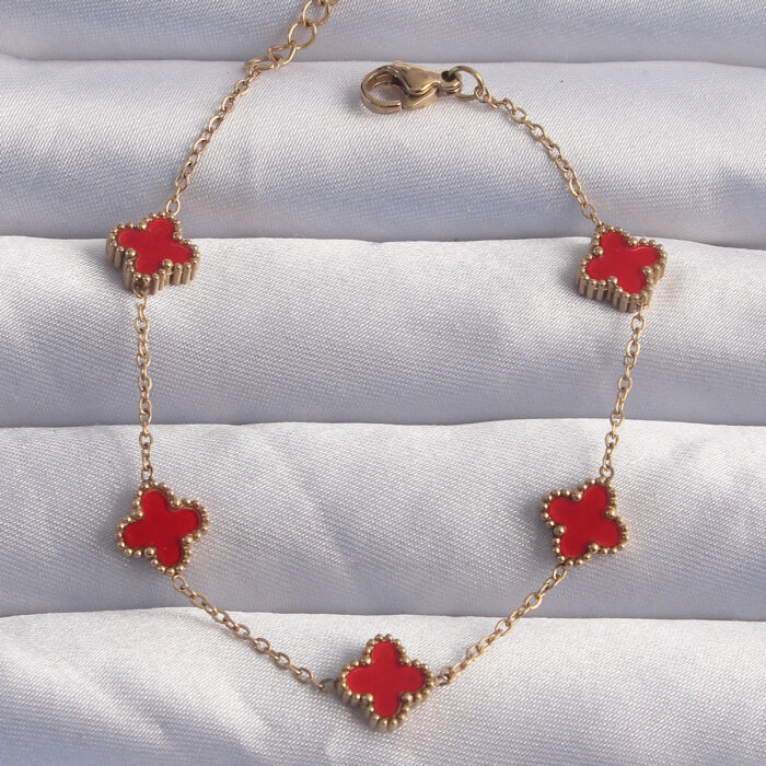 316L Çelik Baby Boy Gold Renk Kırmızı Mineli Yonca Bileklik