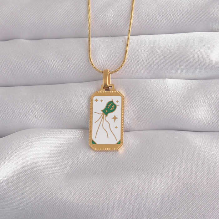 316L Çelik Gold Renk Beyaz Mineli Tarot Kolye