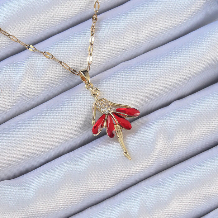 316L Çelik Zincir Altın Renk Kırmızı Etekli Zirkon Taşlı Balerin Kolye