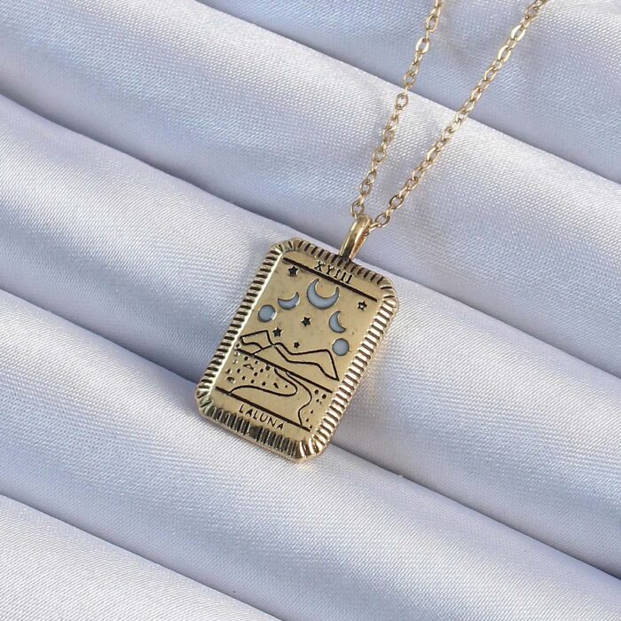 316L Çelik Zincir Eskitme Altın Renk Ay Figürlü Tarot Kolye
