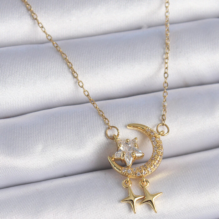 316L Çelik Zincir Gold Renk Zirkon Taşlı Hilal Model Yıldız Detay Kadın Kolye