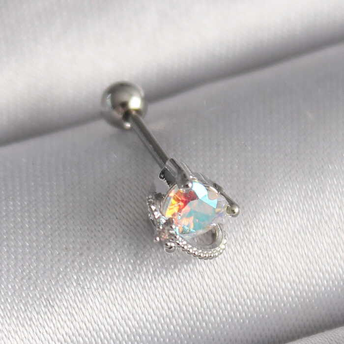 316L Çelik Gümüş Renk Zirkon Taşlı Kalp Tragus Piercing