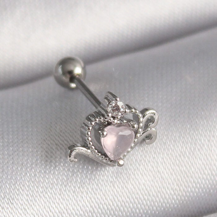 316L Çelik Gümüş Renk Pembe Mineli Kalp Zirkon Taş Detay Tragus Piercing