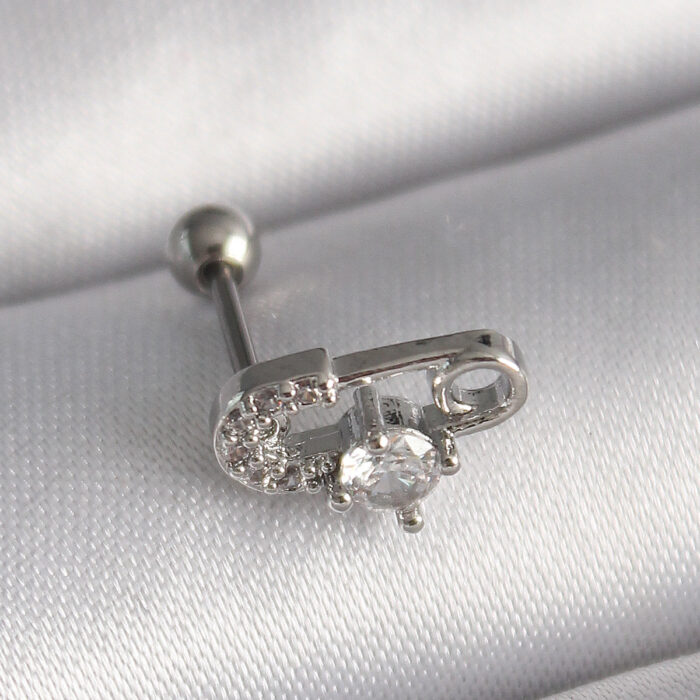 316L Çelik Gümüş Renk Zirkon Taşlı Toplu İğne Tragus Piercing