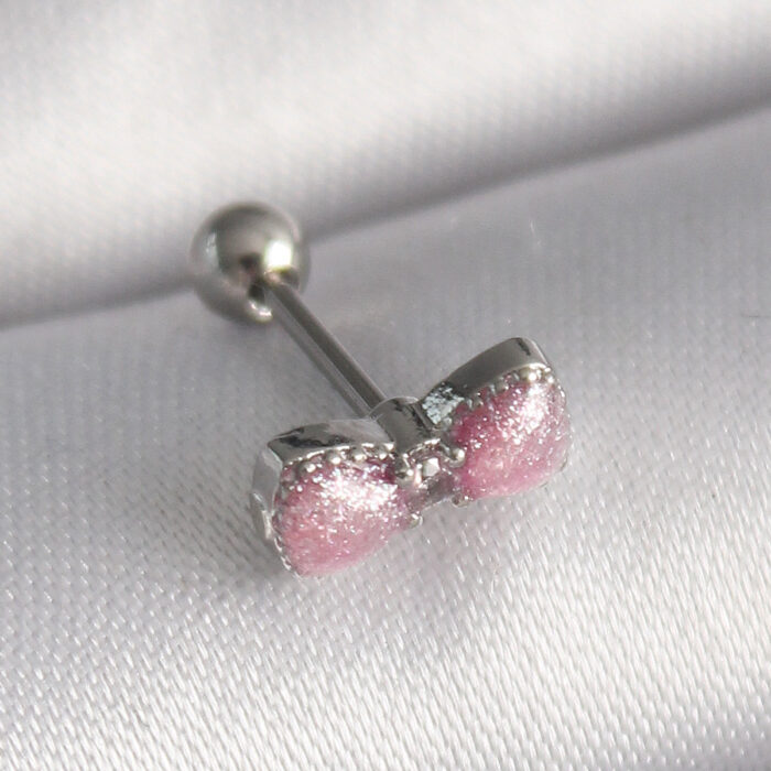 316L Çelik Gümüş Renk Pembe Kurdele Zirkon Taş Detay Tragus Piercing