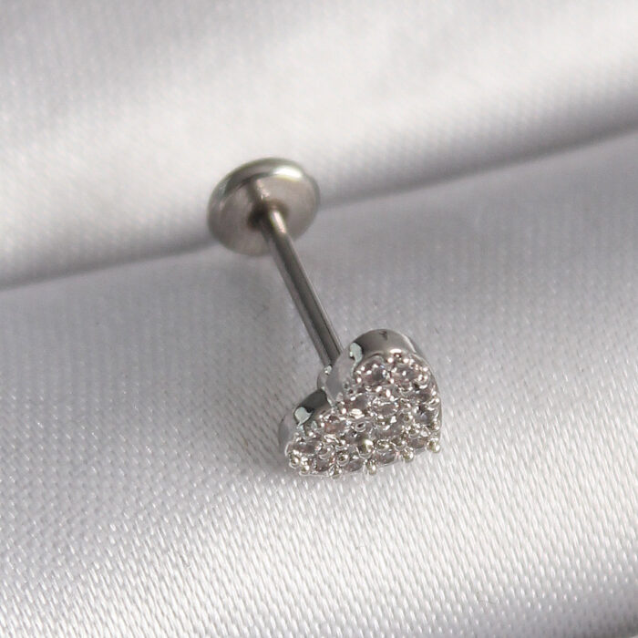316L Çelik Gümüş Renk Zirkon Taşlı Kalp Model Tragus Piercing