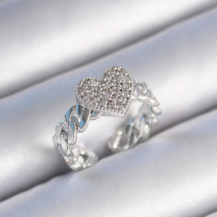 Pirinç Gümüş Renk Zincir Kordon Zirkon Taşlı Kalp Model Kadın Yüzük