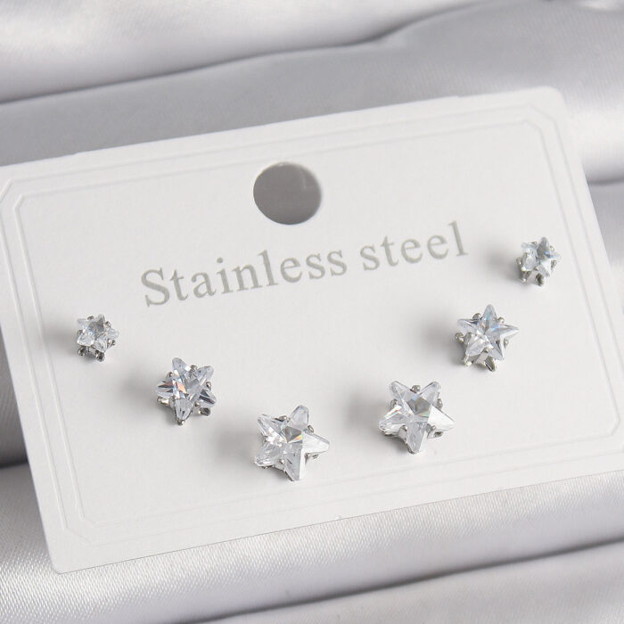 316L Çelik Gümüş Renk Zirkon Taşlı Yıldız Model Kadın Küpe Seti