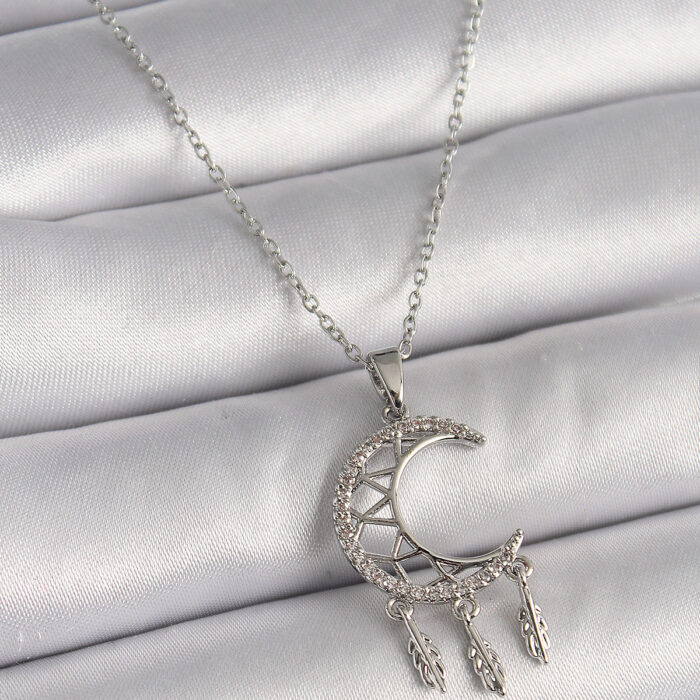 316L Çelik Gümüş Renk Zincir Zirkon Taşlı Hilal Model Sallantı Yaprak Detay Kadın Kolye