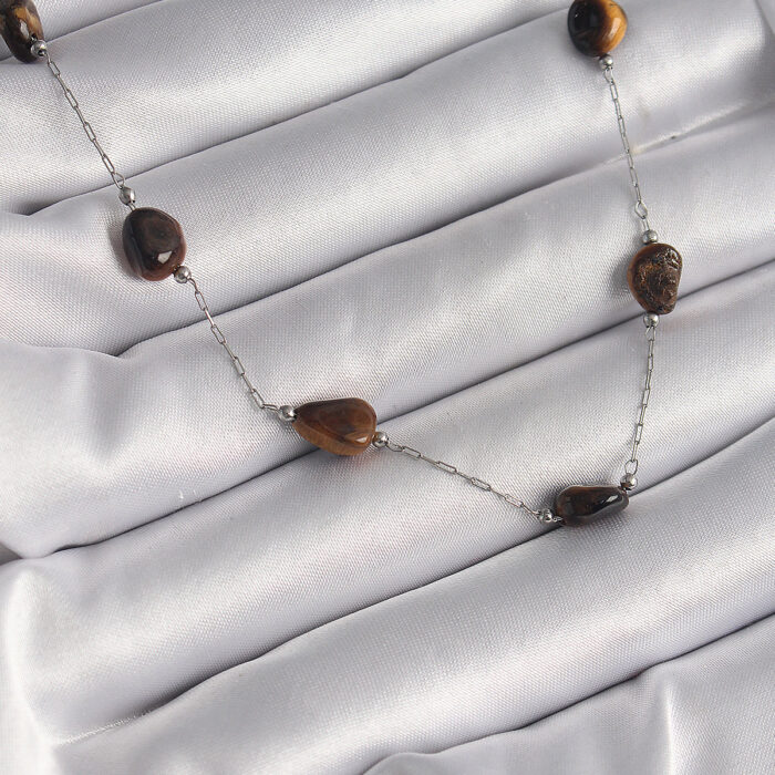 316L Çelik Gümüş Renk Zincir Kahverengi Doğaltaş Model Kadın Kolye