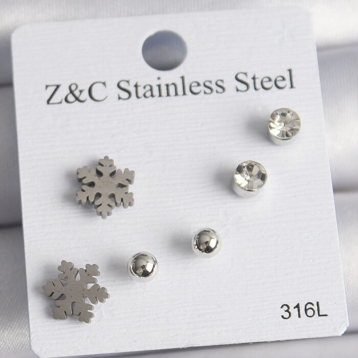 316L Çelik Gümüş Renk Zirkon Taşlı Kar Tanesi Model Kadın Küpe Seti