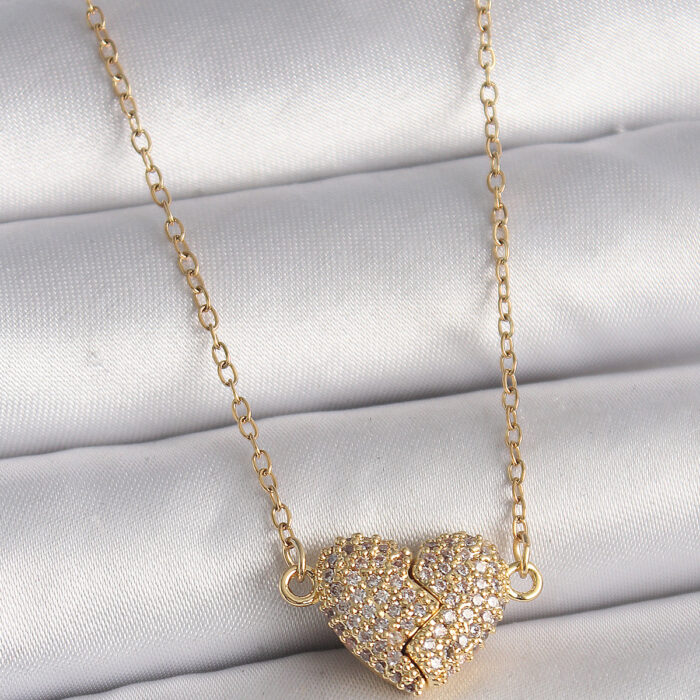 316L Çelik Gold Renk Zincir Zirkon Taşlı Mıknatıslı Kalp Model Kadın Kolye