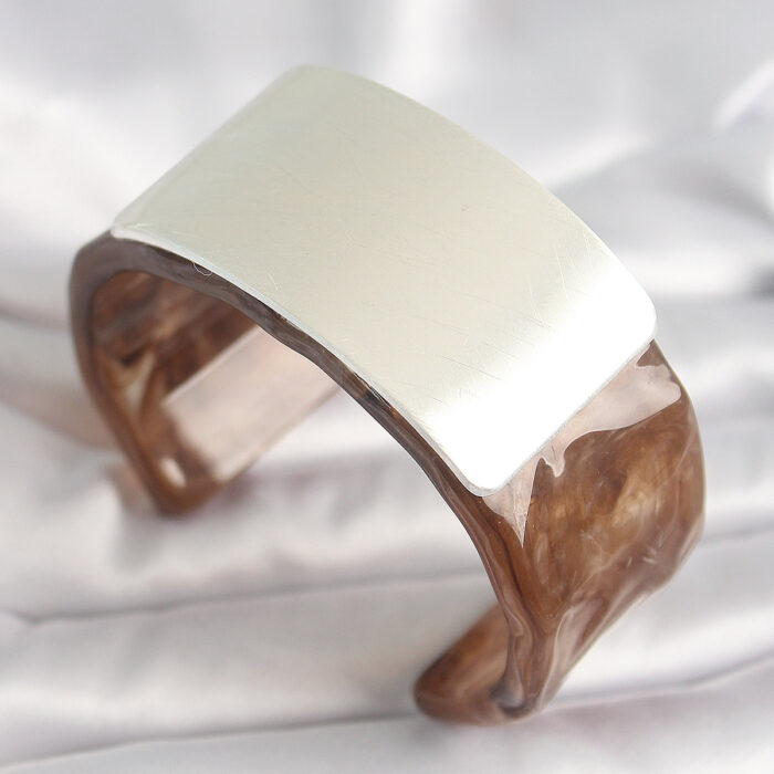 Kahverengi Mermer Desen Akrilik Plastik Gümüş Dikdörtgen Plaka Vintage Kadın Bilezik