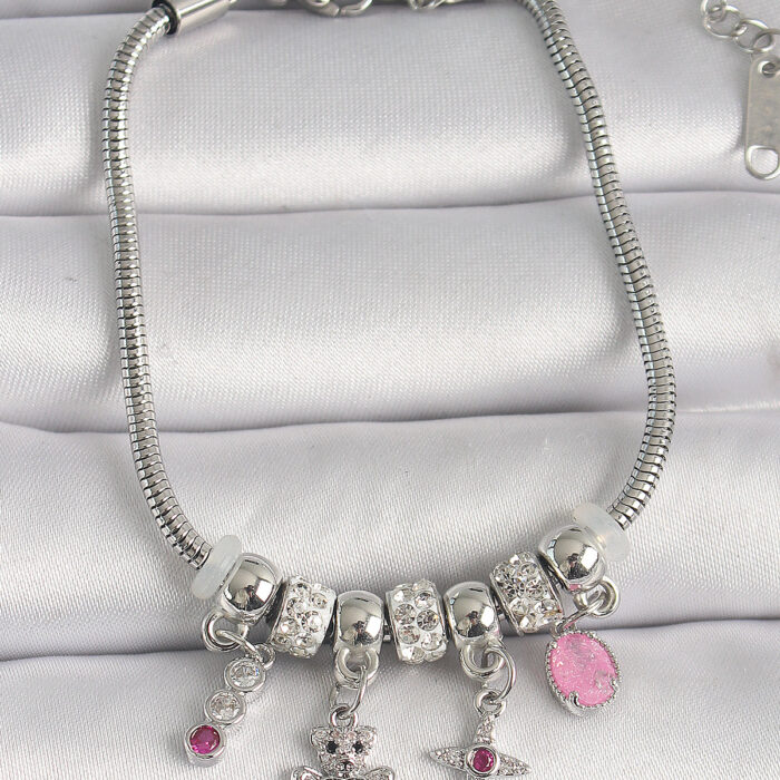 Pirinç Gümüş Renk Zincir Sallantı Zirkon Taşlı Ayıcık Figür Yıldız Detay Kadın Bileklik