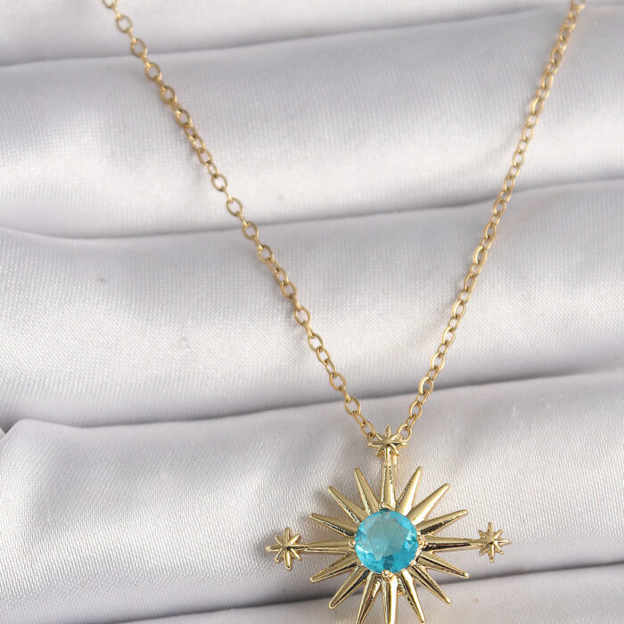 316L Çelik Gold Renk Zincir Mavi Taş Detaylı Kuzey Yıldız Model Kadın Kolye