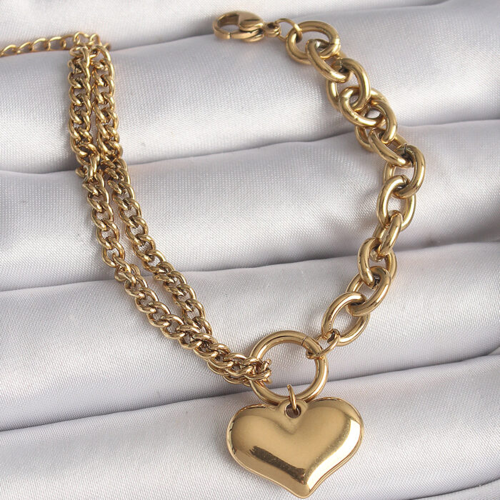 316L Çelik Gold Renk 2'Li Zincir Model Kalp Figür Kadın Bileklik