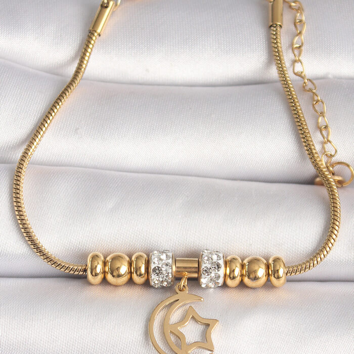 316L Çelik Gold Renk Tüp Zincir Zirkon Taş Detaylı Sallantı Ay Yıldız Figür Kadın Bileklik