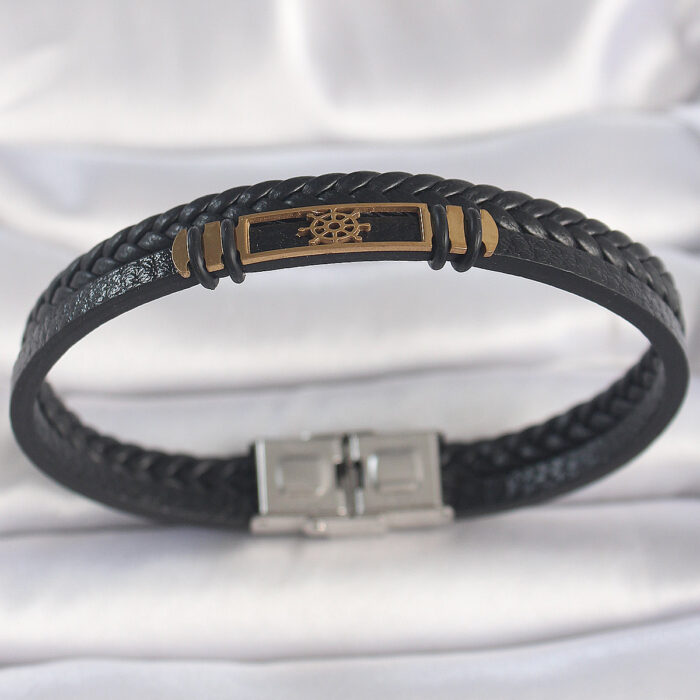 316L Çelik Gold Renk Gemi Dümeni Aksesuarlı Çift Sıra Burgu Desenli Deri Kordon Erkek Bileklik