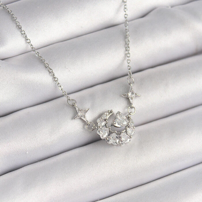 316L Çelik Gümüş Renk Zirkon Taşlı Hilal Kalp Model Kadın Kolye