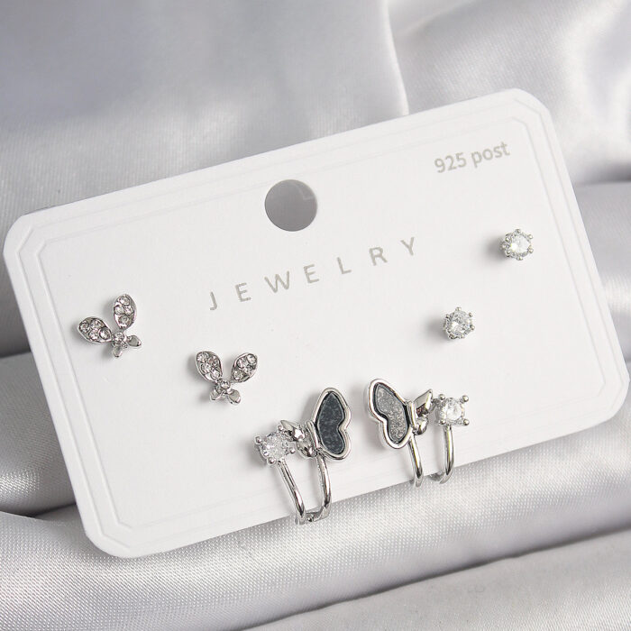 925 Ayar Gümüş Çivi Pirinç Gümüş Renk Zirkon Taşlı Kelebek Model Kadın Küpe Seti
