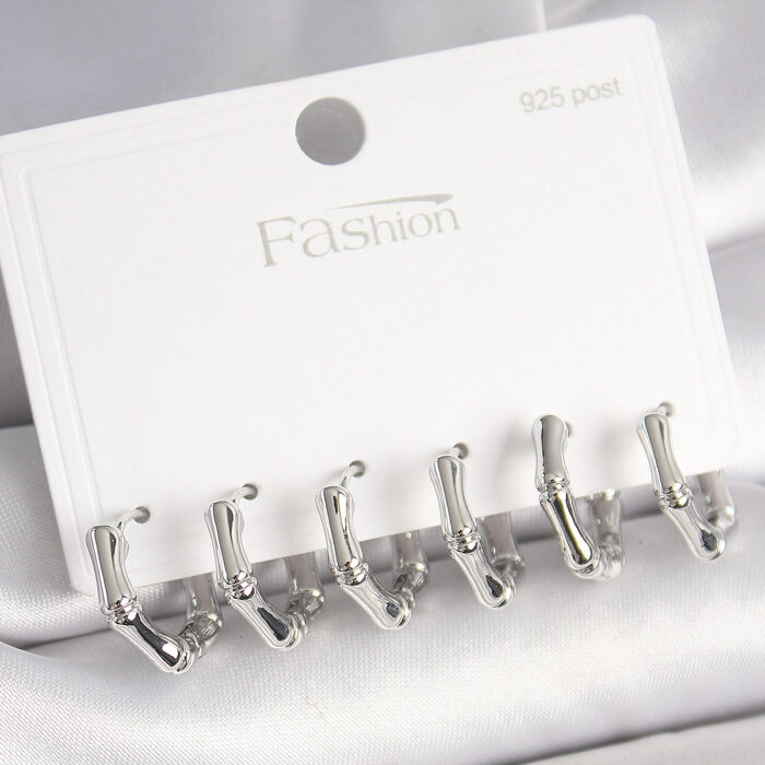 925 Ayar Gümüş Çivi Pirinç Gümüş Renk Bambu Halka Model Kadın Küpe Seti