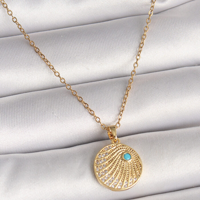 316L Çelik Gold Renk Zincir Zirkon Taş İşlemeli Mavi Taş Detaylı Madalyon Model Kadın Kolye