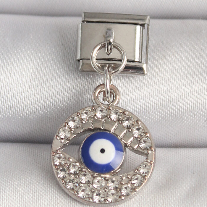 316L Çelik Gümüş Renk Zirkon Taşlı Göz Model Nazar Boncuk Detay Nomination Charm