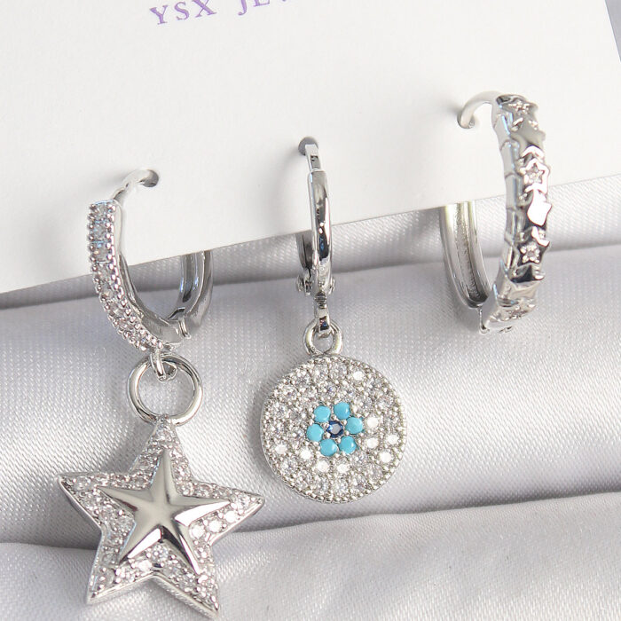 Pirinç Gold Renk Zirkon Taşlı Yıldız Model Nazar Boncuk Detay 3'Lü Kadın Kombin Küpe