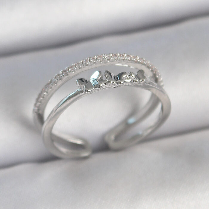 Pirinç Gümüş Renk 2'Li Zirkon Taş Detaylı Kelebek Figür Ayarlanabilir Model Kadın Yüzük