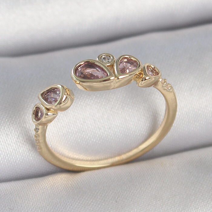 Pirinç Gold Renk Pembe Damla Zirkon Taşlı Ayarlanabilir Kadın Yüzük