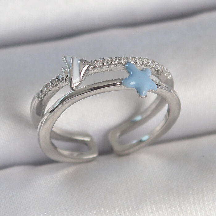 Pirinç Gümüş Renk 2'Li Zirkon Taşlı Mavi Yıldız Figür Ayarlanabilir Kadın Yüzük