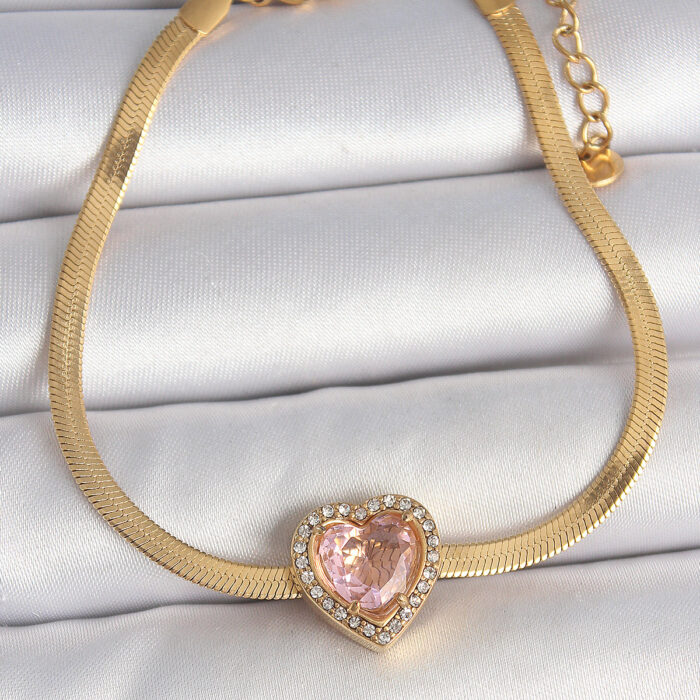 316L Çelik Gold Renk İtalyan Zincir Pembe Zirkon Taşlı Kalp Model Kadın Bileklik