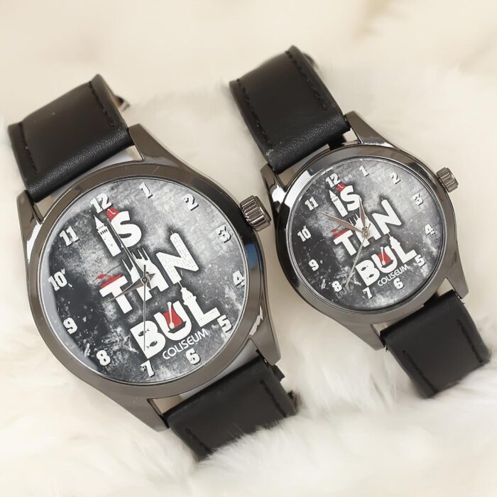 Siyah Renk Deri Kordonlu İstanbul Tasarımlı Sevgili Saatleri