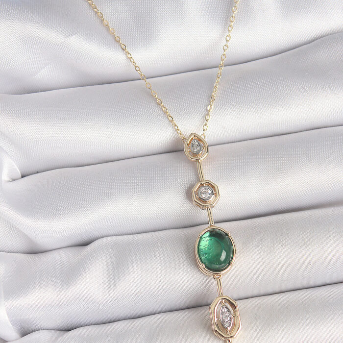 Pirinç Zincir Zümrüt Yeşil Gold Renk Zirkon Taşlı Y Kolye