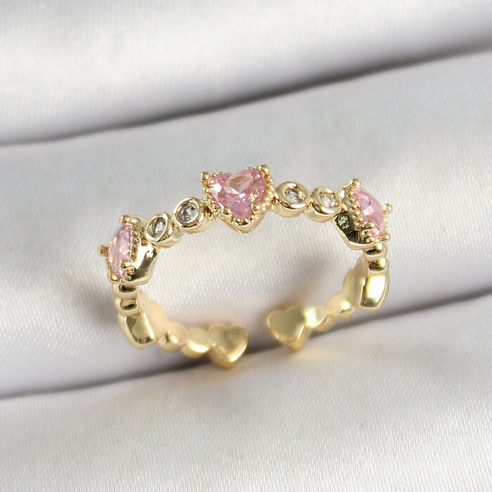 Pirinç Sıralı Kalp Figürlü Zirkon Taşlı Gold Renk Ayarlanabilir Kadın Yüzük