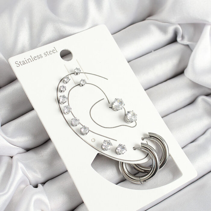 316L Çelik Halka Figürlü Ve Zirkon Taşlı Gümüş Renk 7'li Çift Kadın Küpe Set