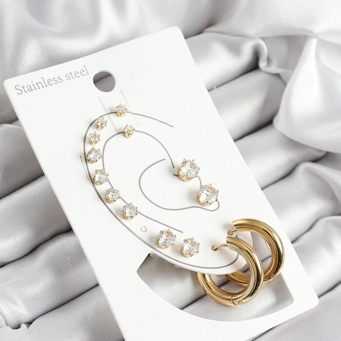 316L Çelik Halka Figürlü Ve Zirkon Taşlı Gold Renk 7'li Çift Kadın Küpe Set