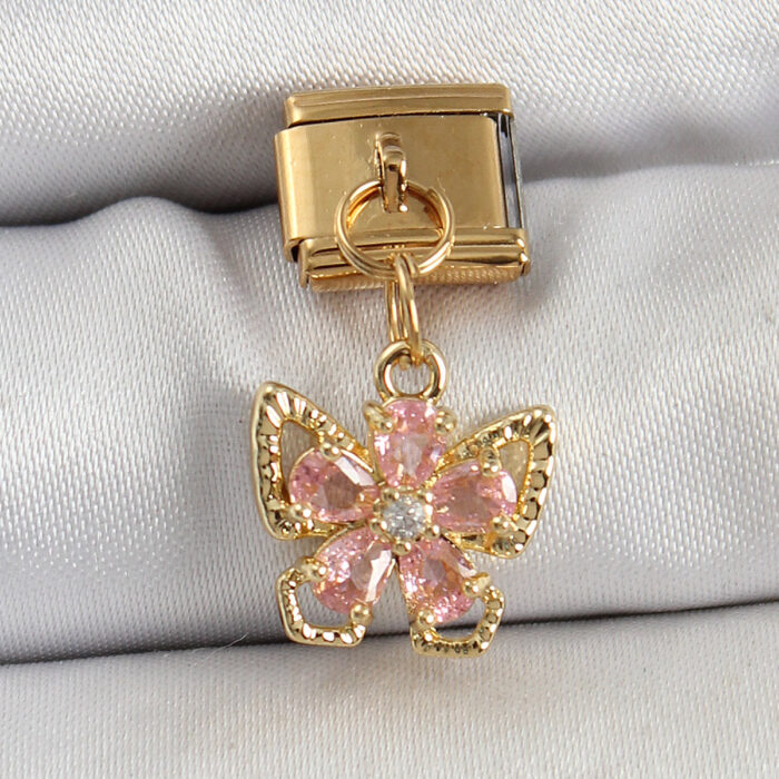 316L Çelik Sallantılı Zirkon Taşlı Çiçek Figürlü Kelebek Model Gold Renk Nomination Charm