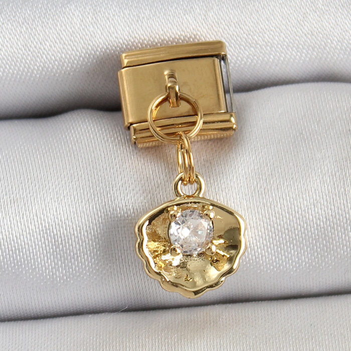 316L Çelik Sallantılı Zirkon Taşlı İstiridye Model Gold Renk Nomination Charm