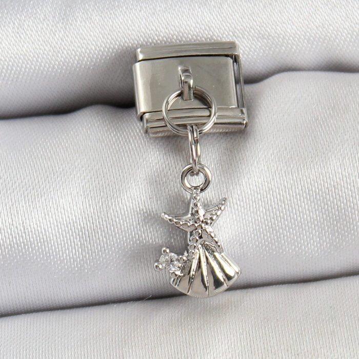 316L Çelik Sallantılı Zirkon Taşlı Deniz Yıldızı Ve İstiridye Model Gümüş Renk Nomination Charm