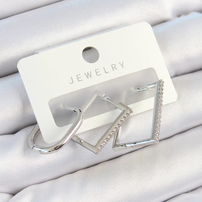 Pirinç Zirkon Taşlı Dikdörtgen Model Gümüş Renk 3'lü Çift Kadın Küpe Set