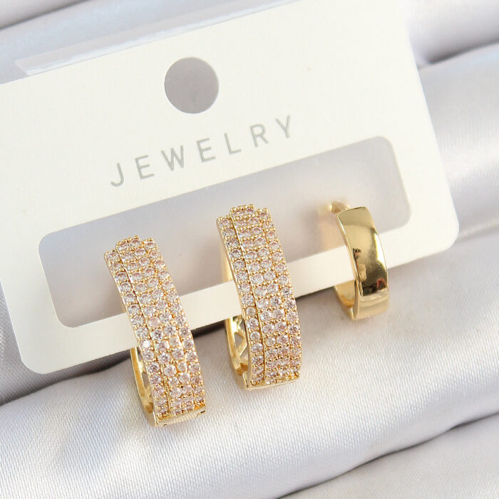 Pirinç Zirkon Taşlı Damla Model Gold Renk 3'lü Çift Kadın Küpe Set